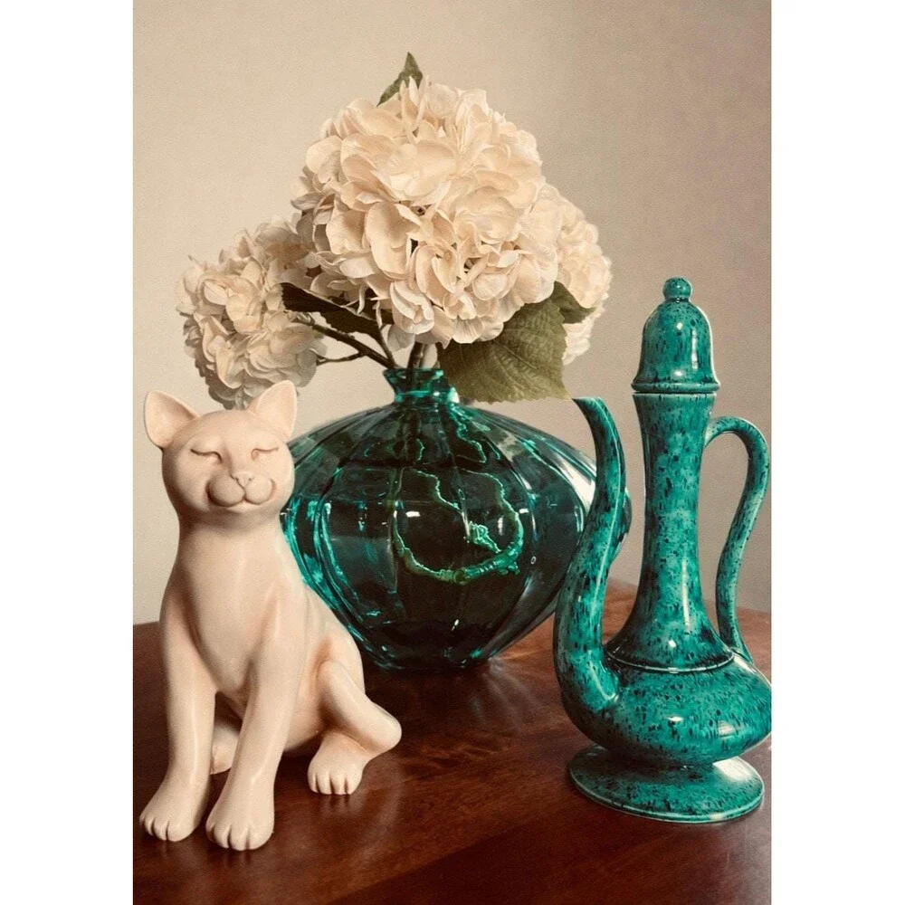 1970s Studio Pottery Genie Bottle Signed Teal Blue Speckled Glaze MCM Boho Decor